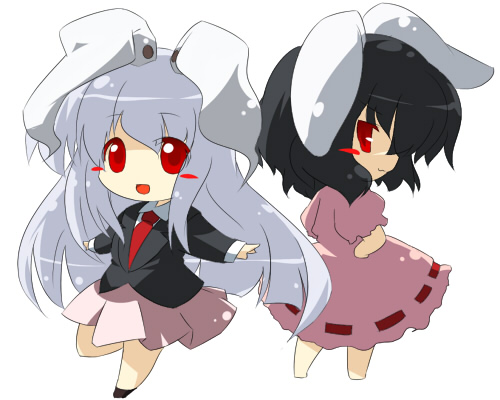 oka (bananashoe), inaba tewi, reisen udongein inaba, touhou, lowres, 2girls, :3, animal ears, black hair, blush, chibi, dress, female focus, frilled dress, frills, multiple girls, rabbit ears, red eyes, skirt, white hair
