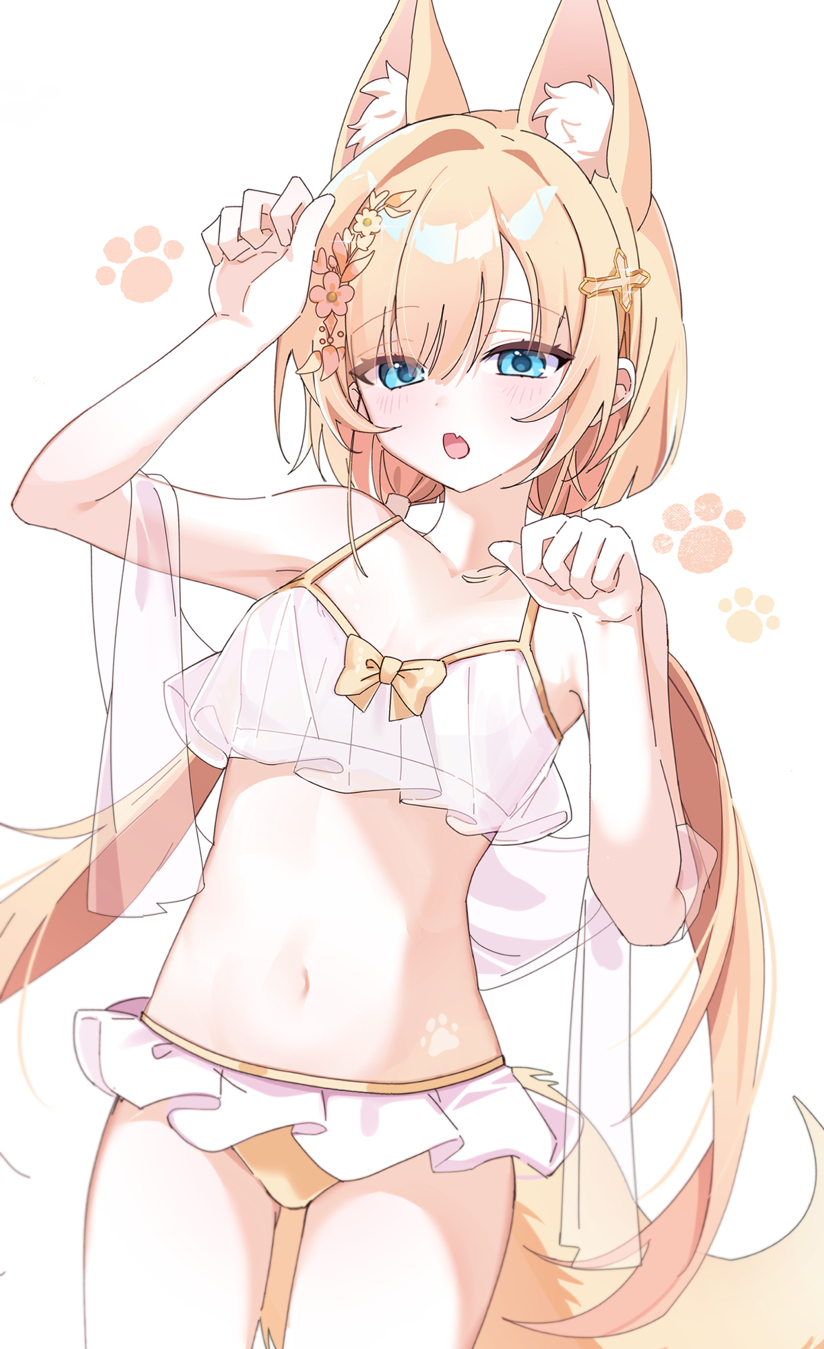 chaum, copyright request, highres, 1girl, animal ear fluff, animal ears, bikini, bikini skirt, blonde hair, blue eyes, blush, breasts, cowboy shot, fang, fox ears, fox girl, fox tail, frilled bikini, frills, hair ornament, long hair, looking at viewer, low twintails, navel, open mouth, paw pose, paw print, petite, simple background, small breasts, solo, stomach, swimsuit, tail, twintails, virtual youtuber, white background, white bikini, yellow bikini