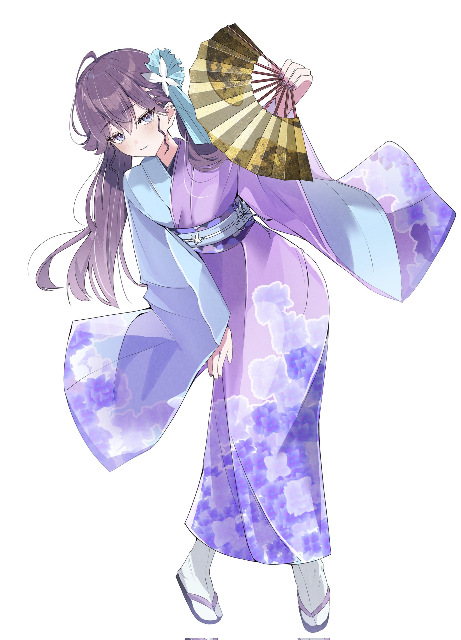 gaohuang43450, kaya rinha, gakuen idolmaster, idolmaster, commentary request, highres, 1girl, ahoge, blue eyes, blue kimono, blush, breasts, butterfly hair ornament, closed mouth, ear piercing, fingernails, floral print, floral print kimono, floral print sash, full body, furisode, hair ornament, hand fan, hand on own leg, hand up, japanese clothes, kimono, leaning forward, long hair, long sleeves, looking at viewer, mole, mole on neck, obi, obiage, obijime, piercing, print kimono, print sash, purple hair, purple kimono, purple nails, sandals, sash, simple background, small breasts, smile, socks, solo, standing, twintails, white background, white socks, wide sleeves, zouri