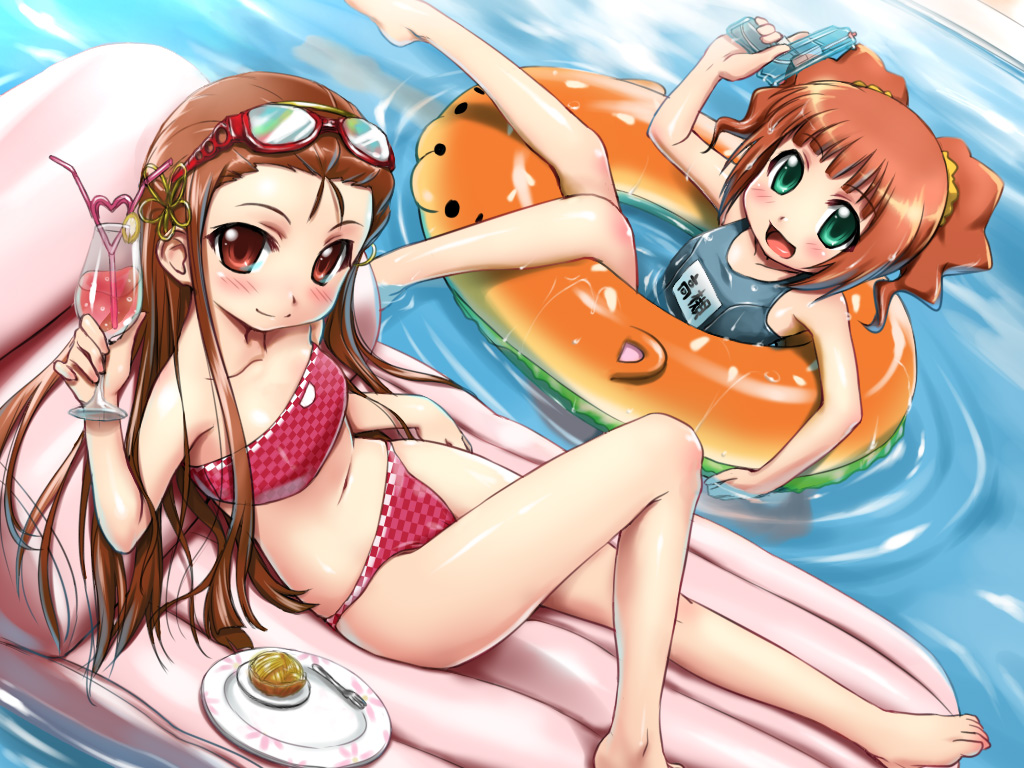 zanzi, minase iori, takatsuki yayoi, idolmaster, idolmaster (classic), idolmaster 1, 00s, 2girls, :d, afloat, bandeau, bandeau bikini, barefoot, bikini, checkered bikini, checkered clothes, drink, drinking straw, dutch angle, feet, fork, glasses, goggles, goggles on head, inflatable raft, innertube, long hair, midriff, multiple girls, name tag, navel, one-piece swimsuit, open mouth, plate, pool, red-framed eyewear, ripples, school swimsuit, smile, swim ring, swimsuit, twintails, two side up, water, water gun