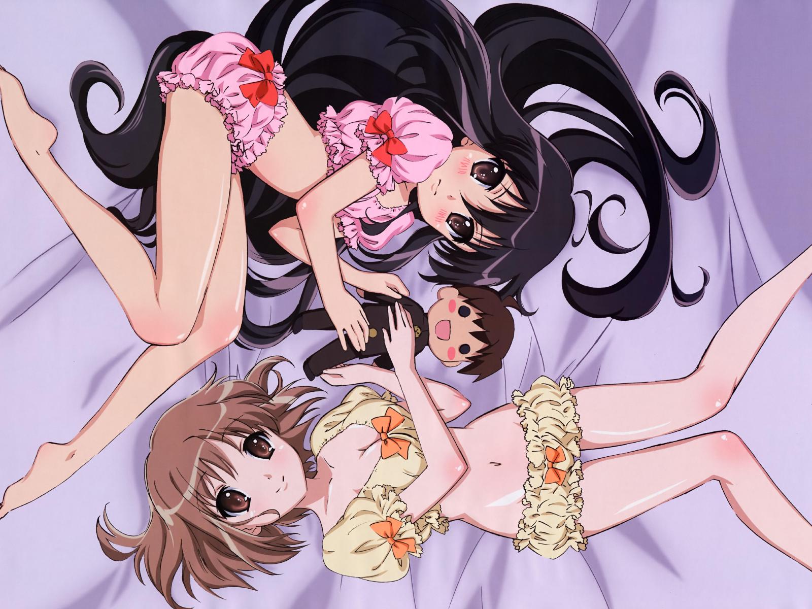 aizawa sumie, sakai yuuji, shana, yoshida kazumi, shakugan no shana, shakugan no shana ii, highres, jpeg artifacts, official art, official wallpaper, scan, >:|, 00s, 2girls, :d, :|, ahoge, annoyed, barefoot, bed sheet, black hair, bloomers, blush, blush stickers, body blush, bow, breasts, brown eyes, brown hair, character doll, cleavage, closed mouth, crop top, doll, embarrassed, feet, flat chest, frills, from above, gakuran, hair between eyes, hair spread out, head tilt, holding, indoors, legs, light smile, lingerie, long hair, looking at viewer, looking back, lying, midriff, multiple girls, navel, negligee, o o, on back, on side, open mouth, parted bangs, profile, puffy short sleeves, puffy sleeves, school uniform, short hair, short sleeves, small breasts, smile, underwear, underwear only, v-shaped eyebrows, very long hair, wide hips