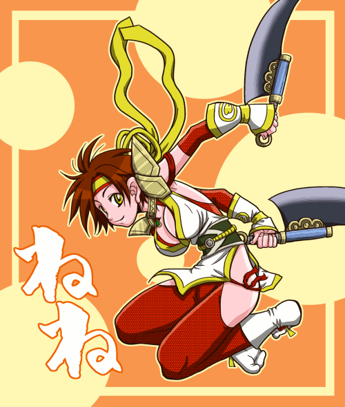 mihyoi, nene, nene (sengoku musou), sengoku musou, sengoku musou 2, bad id, bad pixiv id, 1girl, brown hair, dagger, dual wielding, female focus, green eyes, headband, holding, holding weapon, knife, looking at viewer, orange background, red thighhighs, shawl, short hair, simple background, solo, text focus, thighhighs, weapon