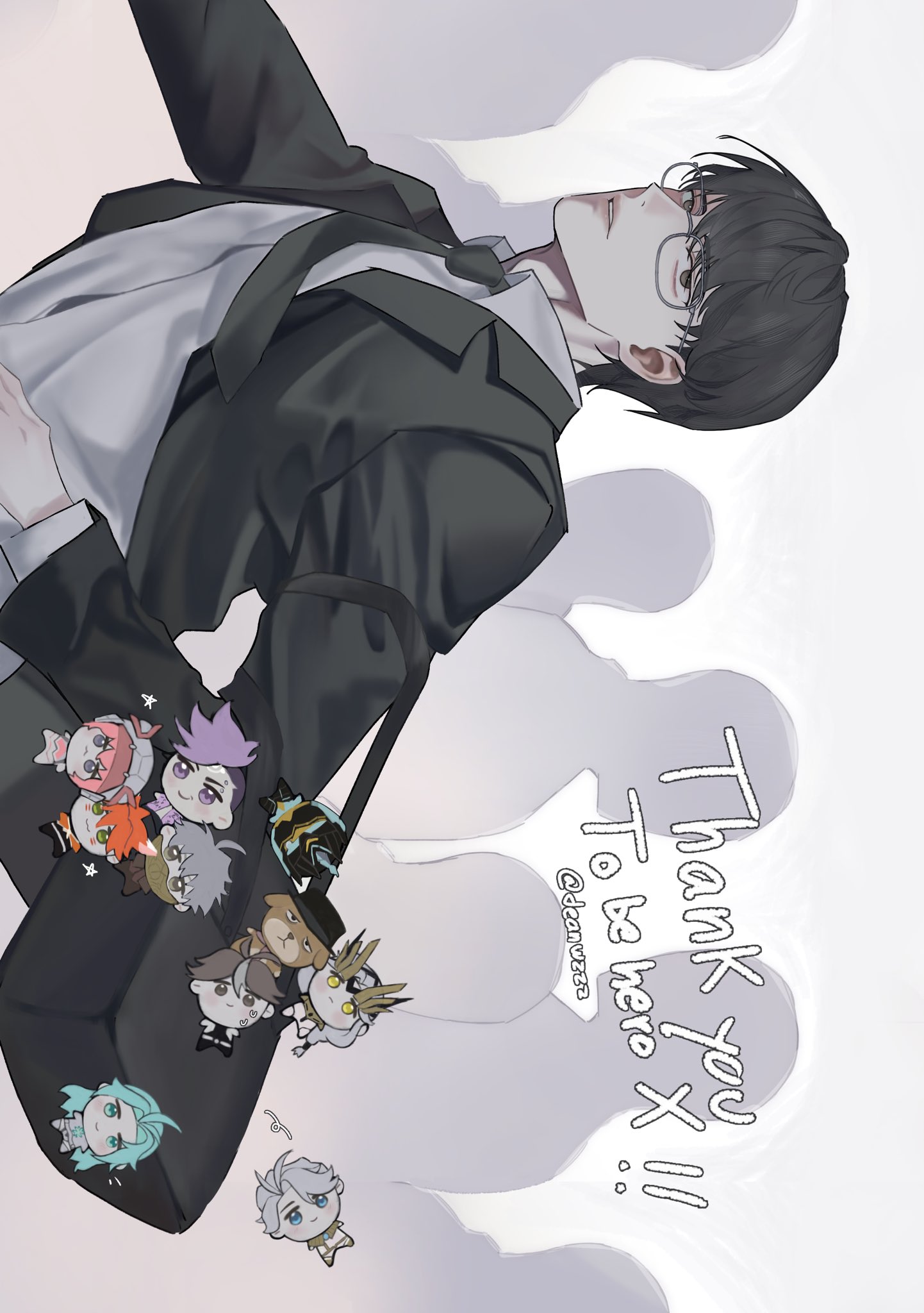 ahu (to be hero x), dragon boy (to be hero x), e-soul (to be hero x), ghostblade (to be hero x), lin ling (to be hero x), loli (to be hero x), lucky cyan (to be hero x), nice (to be hero x), queen (to be hero x), x (to be hero x), to be hero, to be hero x, highres, 1boy, bag, black coat, black hair, black necktie, character pin, coat, collared shirt, deanwzzz, english text, glasses, little johnny (to be hero x), looking at viewer, male focus, necktie, people, shirt, short hair, shoulder bag, sideways, silhouette, solo, upper body, white shirt