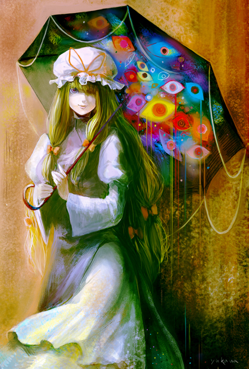 yukawa, yakumo yukari, touhou, 1girl, blonde hair, bow, dress, female focus, hair bow, hair over one eye, hat, long hair, mob cap, parasol, purple eyes, ribbon, solo, umbrella, very long hair, white hat