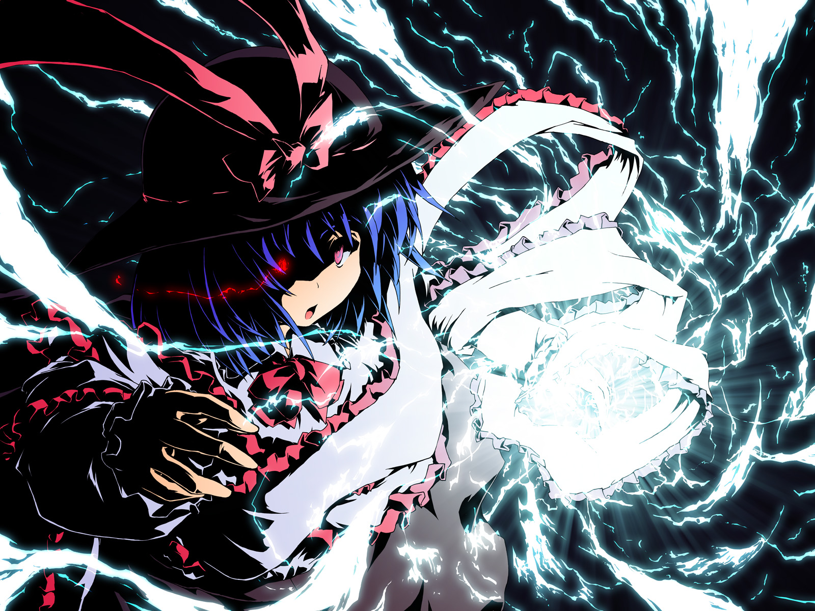 paji, nagae iku, touhou, highres, 1girl, blue hair, female focus, glowing, glowing eyes, hat, hat ribbon, high contrast, magic, purple eyes, ribbon, solo