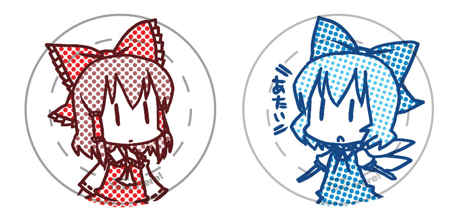 dai-oki, cirno, hakurei reimu, embodiment of scarlet devil, touhou, 2girls, bow, chibi, circle, female focus, halftone, multiple girls, | |