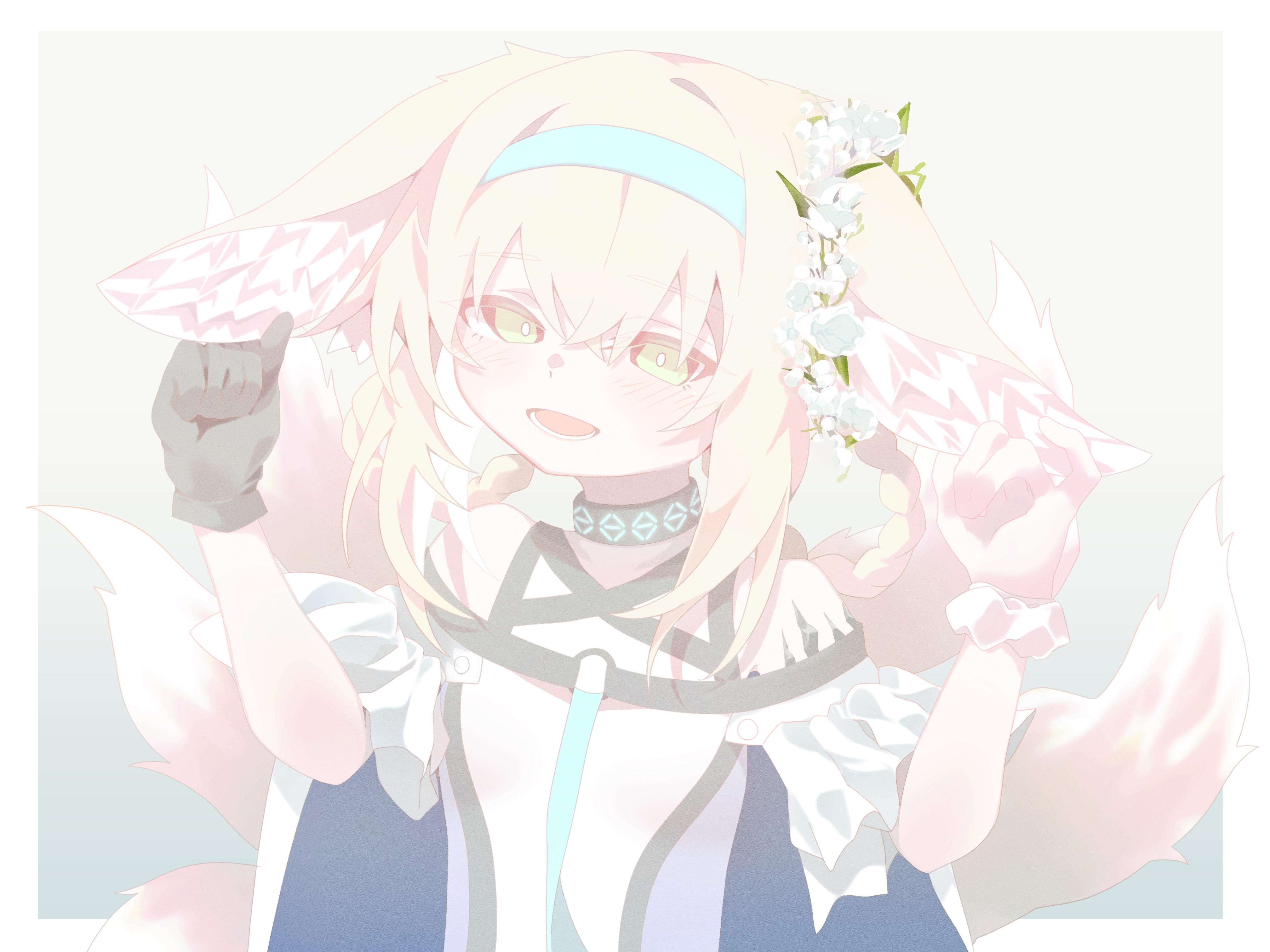 kujou koto, suzuran (arknights), arknights, absurdres, commentary, highres, 1girl, animal ears, blonde hair, fox ears, fox tail, gloves, single glove, solo, tail