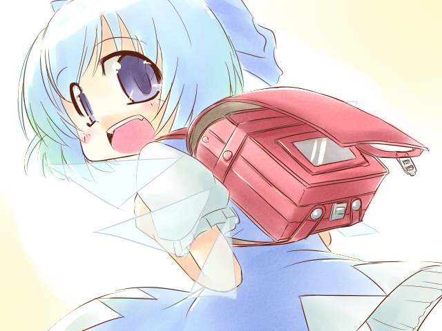 kakkou, cirno, touhou, 1girl, backpack, bag, blue eyes, blue hair, dress, female focus, gradient background, looking back, matching hair/eyes, open mouth, randoseru, solo, white background, wings