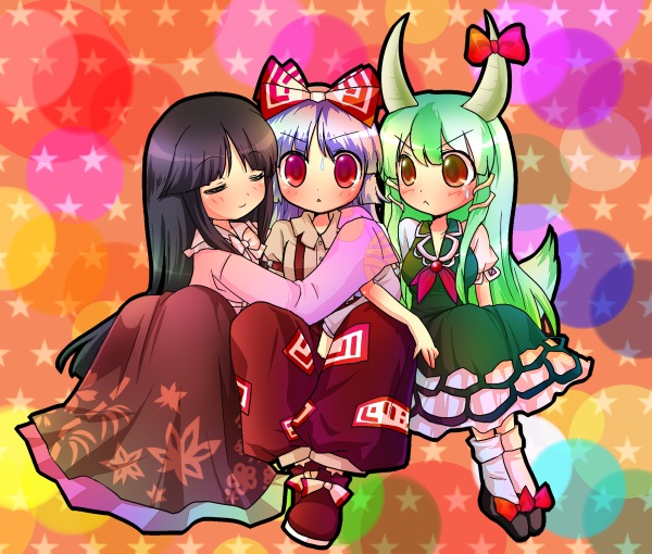 sakurano, ex-keine, fujiwara no mokou, houraisan kaguya, kamishirasawa keine, touhou, 3girls, :<, black hair, chibi, female focus, full body, green hair, hair ribbon, horn ornament, horn ribbon, horns, long hair, multiple girls, red eyes, ribbon, sitting