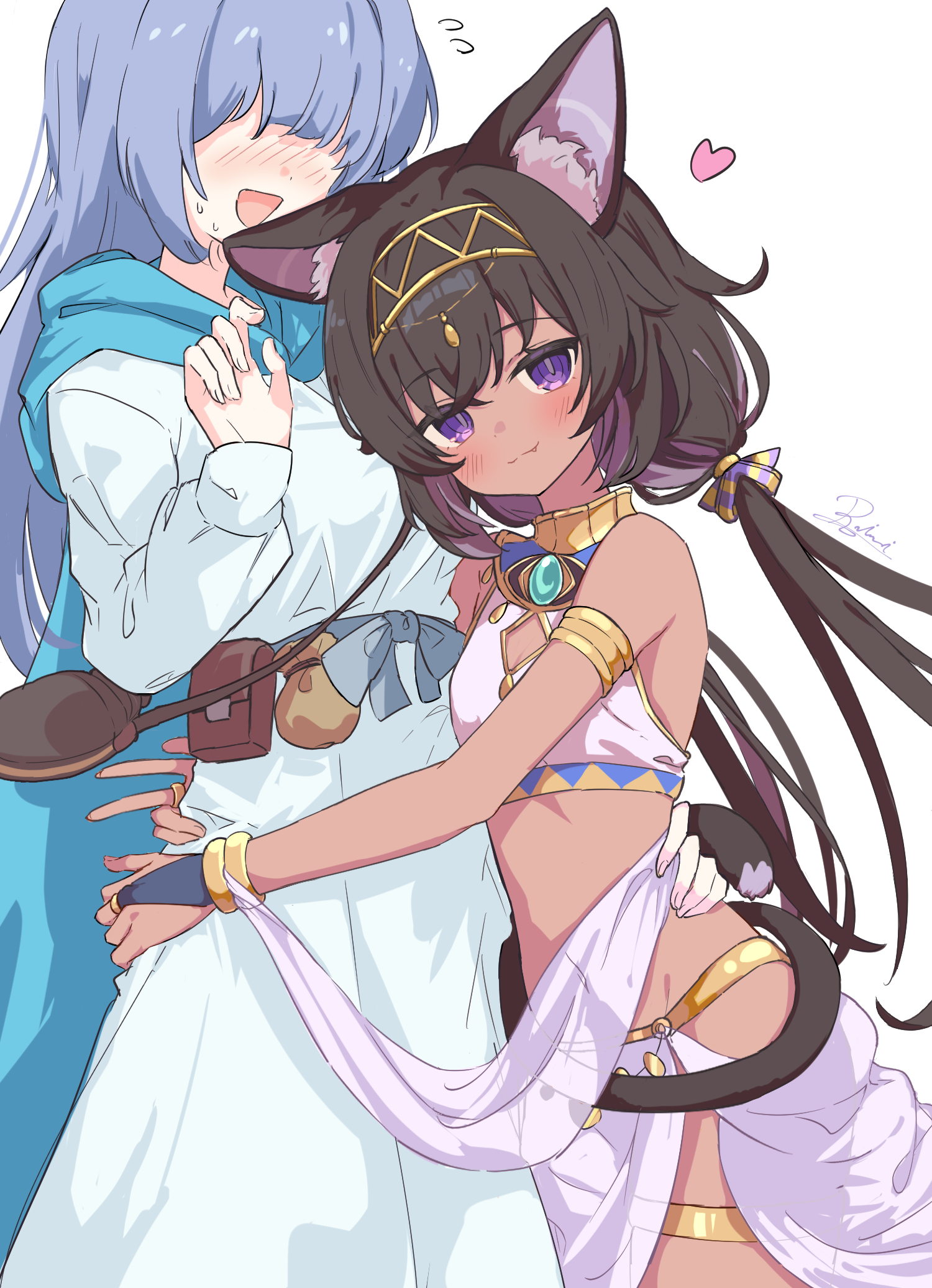 reinoni, original, highres, 2girls, ancient egyptian, ancient egyptian clothes, animal ears, blush, cat ears, cat tail, dark-skinned female, dark skin, if you want to become a godly artist (trend), long hair, multiple girls, purple eyes, tail