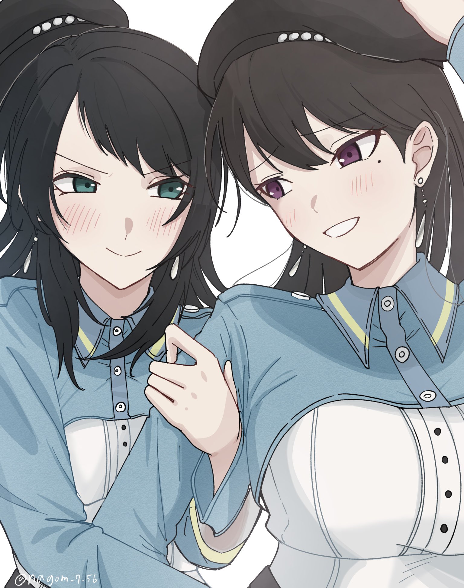 nagomu 7 56, shiina taki, yahata umiri, bang dream!, bang dream! it's mygo!!!!!, commentary request, highres, 2girls, animal ears, beret, black hat, blue eyes, blush, breasts, closed mouth, hat, large breasts, long sleeves, mole, mole under eye, multiple girls, open mouth, white background