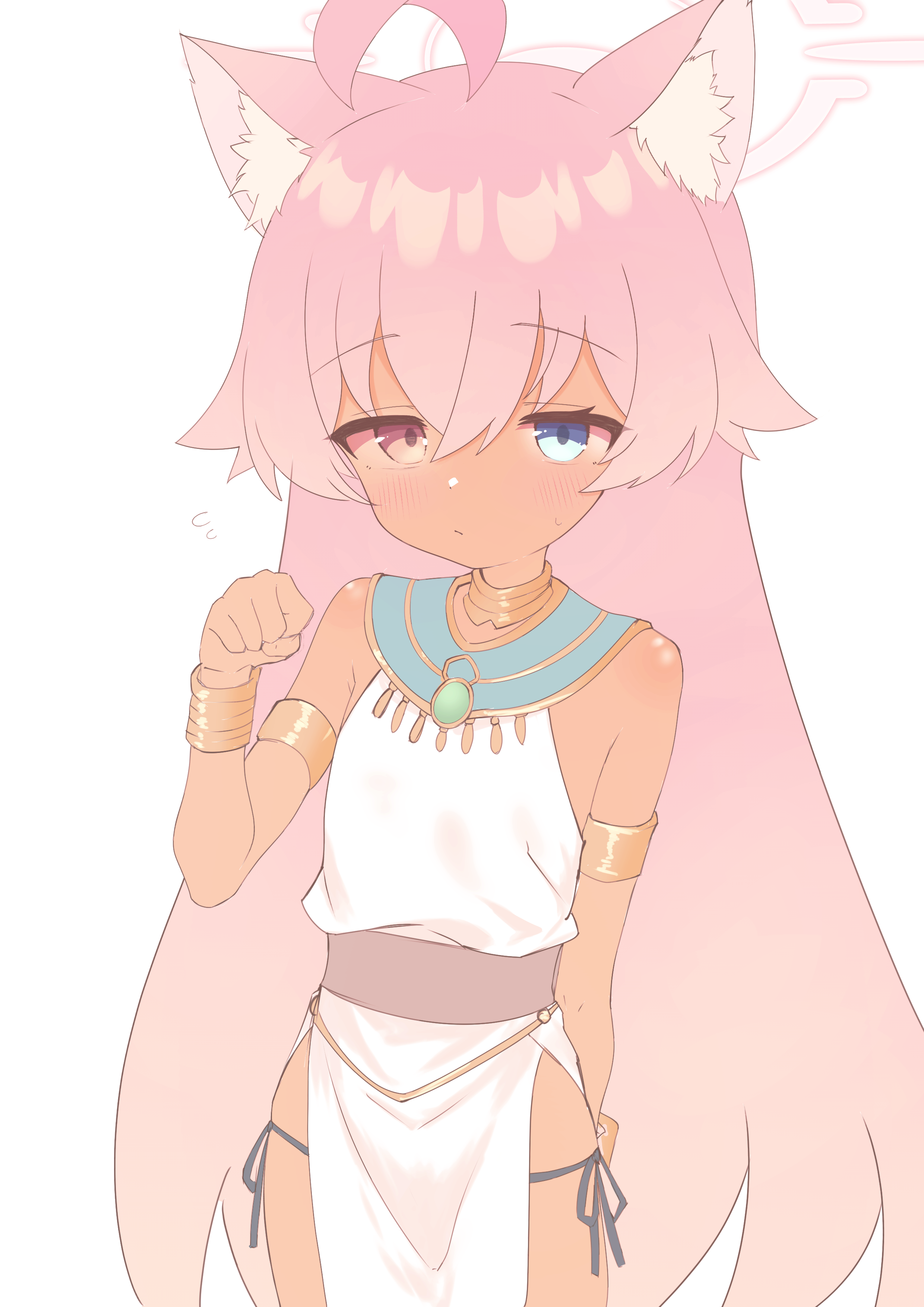 ks aya (gztm4838), hoshino (blue archive), blue archive, absurdres, highres, 1girl, ahoge, ancient egyptian, ancient egyptian clothes, animal ears, blue eyes, cat ears, halo, heterochromia, if you want to become a godly artist (trend), long hair, pink hair, simple background, solo, underwear, usekh collar, white background