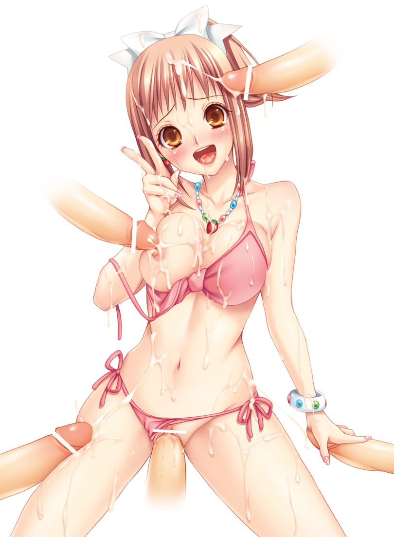 momoi komomo, original, bad id, bad pixiv id, 1girl, bikini, bikini bottom aside, blush, bow, bracelet, breasts, brown eyes, brown hair, bukkake, censored, cleavage, clothing aside, cum, cum on body, cum on breasts, cum on clothes, cum on hair, cum on lower body, cum on upper body, facial, gangbang, group sex, hair ornament, handjob, jewelry, large breasts, navel, necklace, nipples, open mouth, panties, panties aside, penis, pussy, ribbon, sex, side-tie bikini bottom, solo focus, sticky fingers, surrounded by penises, swimsuit, tears, tongue, underwear, v, vaginal