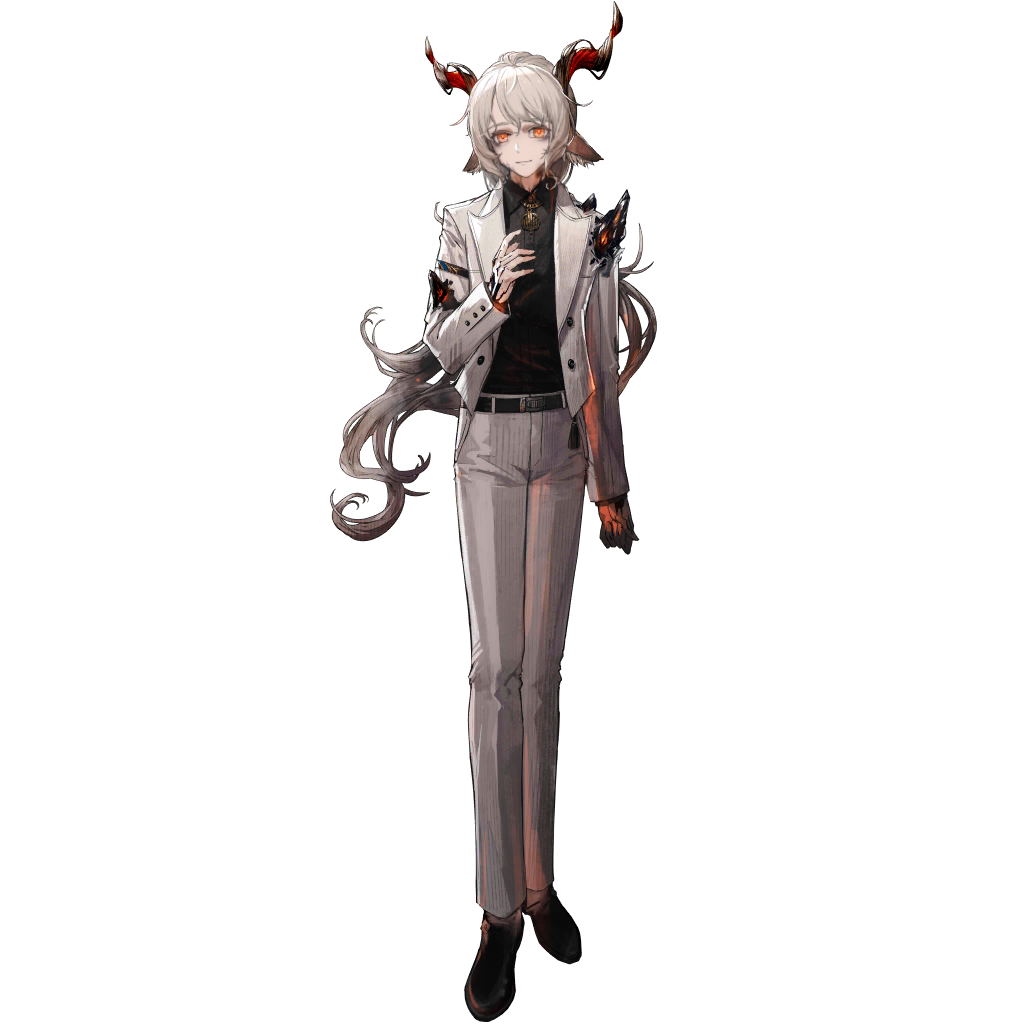 ryuuzaki ichi, kreide (arknights), arknights, official art, third-party source, 1boy, animal ears, belt, black belt, black shirt, black shoes, closed mouth, curled horns, curly hair, full body, glowing, glowing eyes, hand on own chest, horns, jacket, long hair, long sleeves, low ponytail, material growth, open clothes, orange eyes, oripathy lesion (arknights), pants, ponytail, sheep boy, sheep ears, sheep horns, shirt, shoes, smile, swept bangs, white hair, white jacket, white pants
