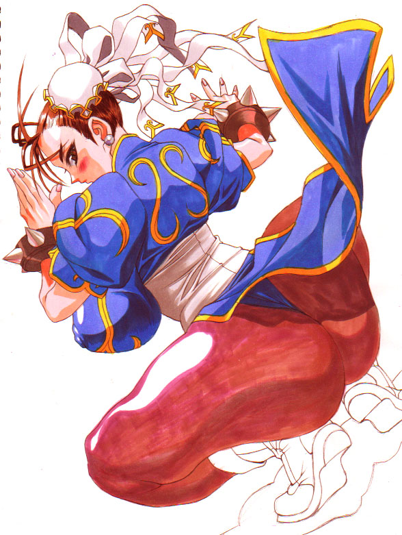 chun-li, capcom, street fighter, 1girl, ass, blue panties, boots, breasts, bun cover, china dress, chinese clothes, double bun, dress, female focus, hair bun, huge breasts, panties, pantyhose, pelvic curtain, plump, solo, spikes, thick thighs, thighs, thong, underwear