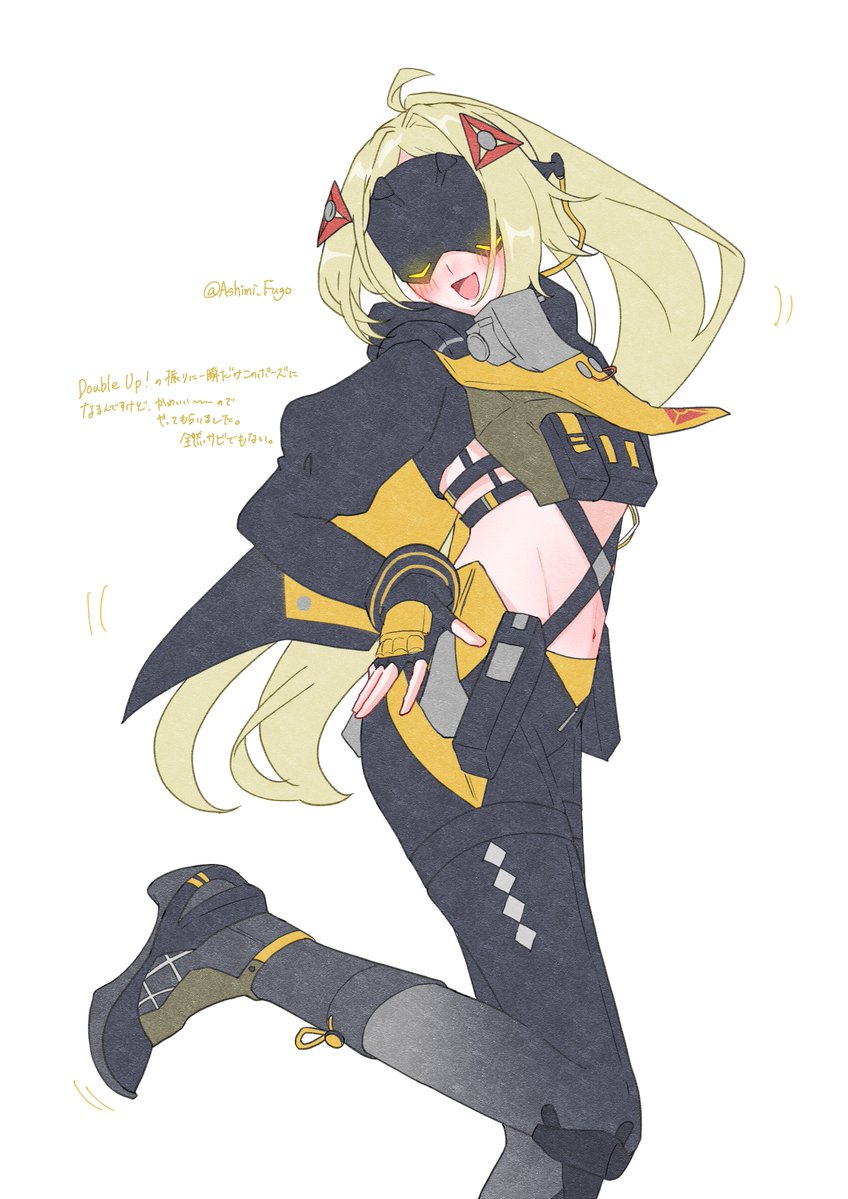 trigger (zenless zone zero), zenless zone zero, 1girl, ammunition, ammunition pouch, ashimi fugo, black pants, black shrug, blindfold, blonde hair, blush, camouflage, camouflage jacket, camouflage pants, covered eyes, eye mask, fingerless gloves, from side, gloves, glowing mask, hair ornament, hand on own hip, harness, jacket, latex pants, long hair, navel, open mouth, pants, ponytail, pouch, shrug (clothing), solo, standing, standing on one leg, tight clothes, tight pants, triangle hair ornament, white background, zipper pull tab