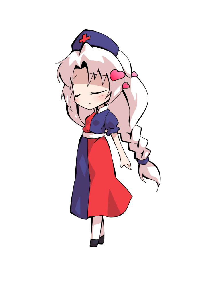 dairi, yagokoro eirin, touhou, commentary request, large variant set, variant set, 1girl, blue dress, blue hat, braid, chibi, chibi only, dress, full body, hat, long hair, nurse cap, pantyhose, puffy sleeves, red dress, solo, standing, tachi-e, transparent background, two-tone dress, white hair, white pantyhose