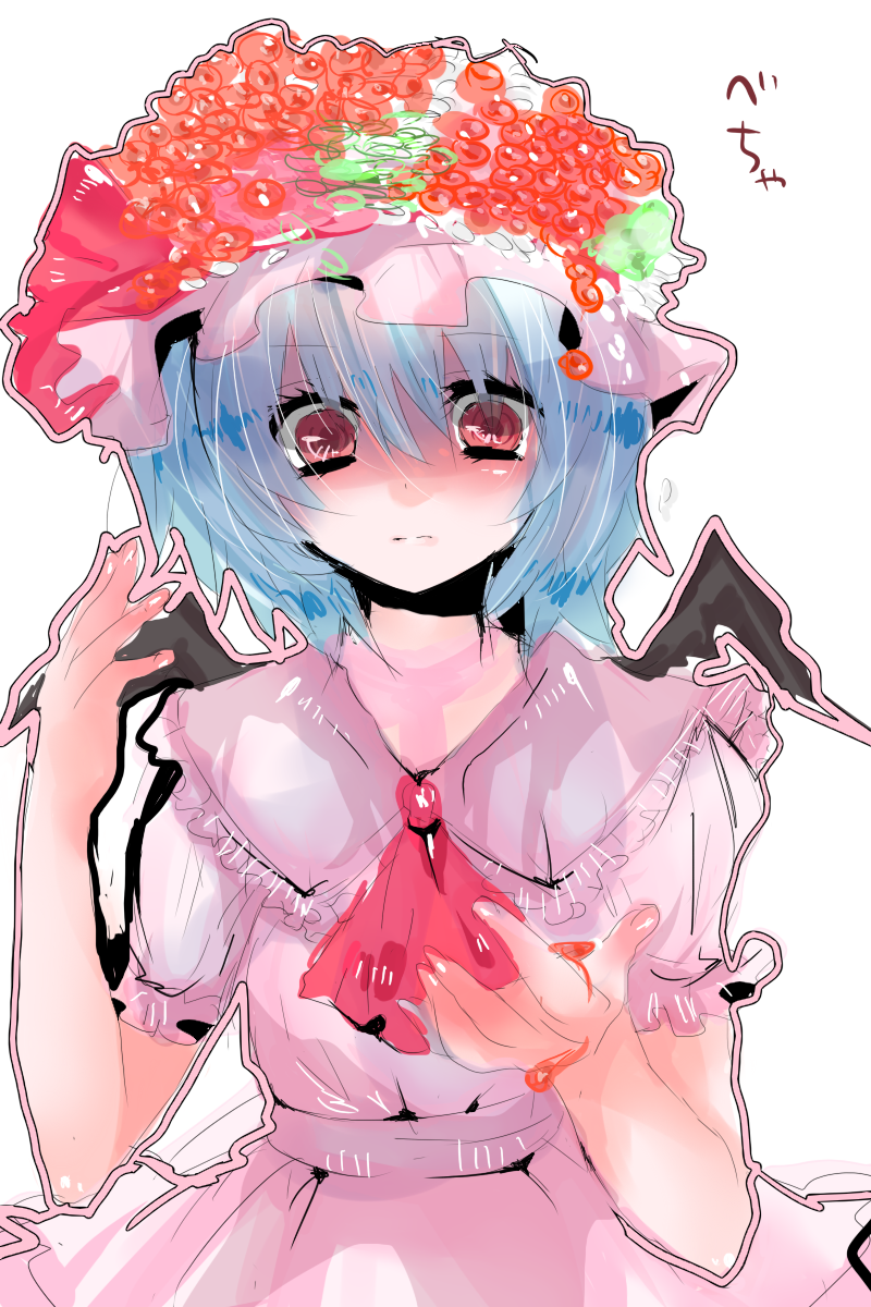 i chi, remilia scarlet, touhou, highres, 1girl, bat wings, blue hair, dress, female focus, hat, red eyes, short hair, solo, white background, wings