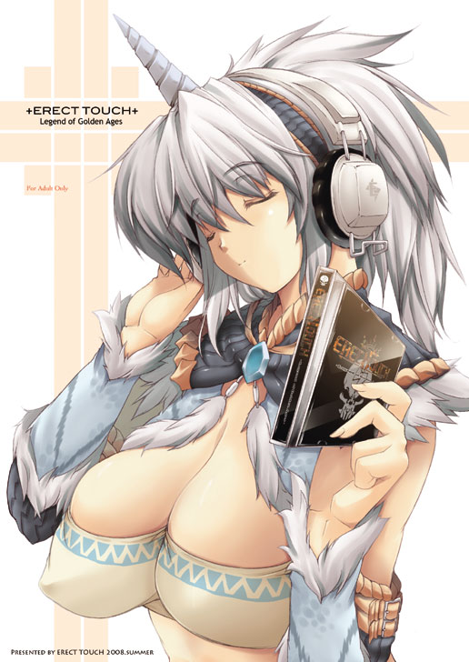 erect sawaru, capcom, monster hunter (series), fur, silver hair, 1girl, breasts, cd, cleavage, closed eyes, cover, detached sleeves, female focus, hairband, headphones, horns, kirin (armor), large breasts, midriff, short hair, solo