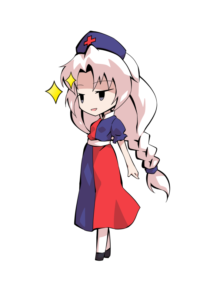 dairi, yagokoro eirin, touhou, commentary request, large variant set, variant set, 1girl, blue dress, blue hat, braid, chibi, chibi only, dress, full body, hat, long hair, nurse cap, pantyhose, puffy sleeves, red dress, solo, standing, tachi-e, transparent background, two-tone dress, white hair, white pantyhose