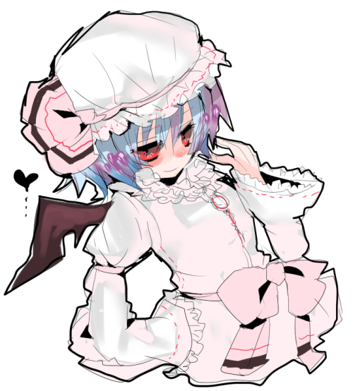 i chi, remilia scarlet, touhou, 1girl, blue hair, dress, female focus, hat, red eyes, ribbon, short hair, simple background, solo, white background