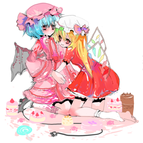 i chi, flandre scarlet, remilia scarlet, touhou, 2girls, bat wings, blonde hair, blue hair, cake, female focus, food, hat, hat ribbon, mob cap, multiple girls, pastry, ribbon, short hair, siblings, sisters, wings