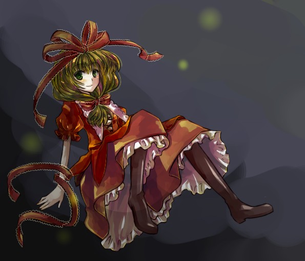 yutsuka, yutsuka (amyucca), kagiyama hina, touhou, 1girl, boots, female focus, front ponytail, green eyes, green hair, matching hair/eyes, ribbon, solo