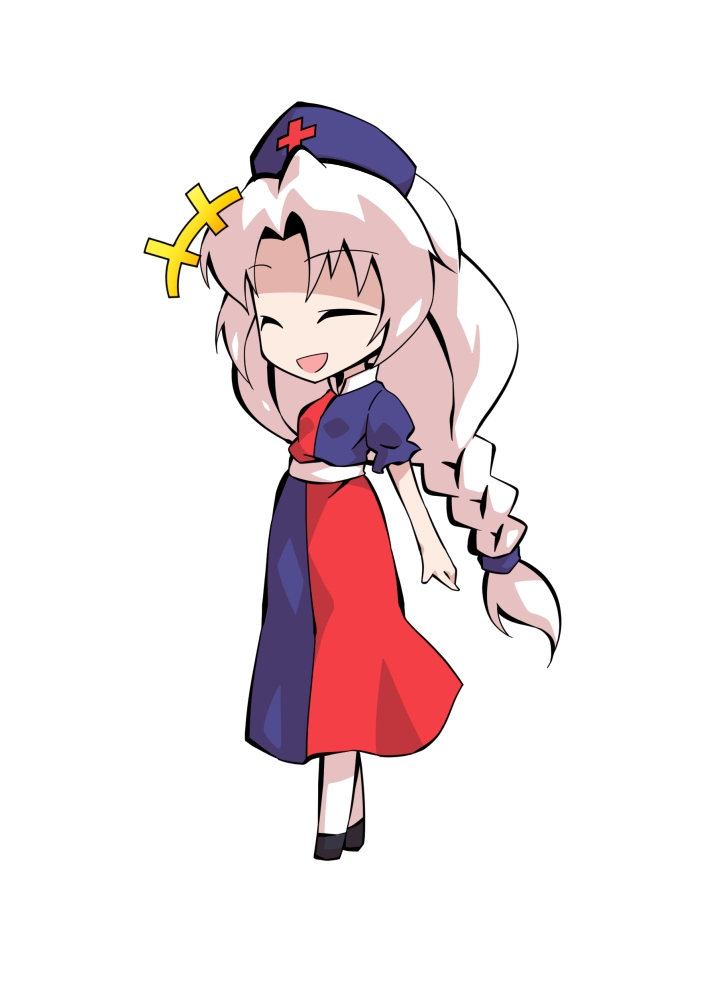 dairi, yagokoro eirin, touhou, commentary request, large variant set, variant set, 1girl, blue dress, blue hat, braid, chibi, chibi only, dress, full body, hat, long hair, nurse cap, pantyhose, puffy sleeves, red dress, solo, standing, tachi-e, transparent background, two-tone dress, white hair, white pantyhose