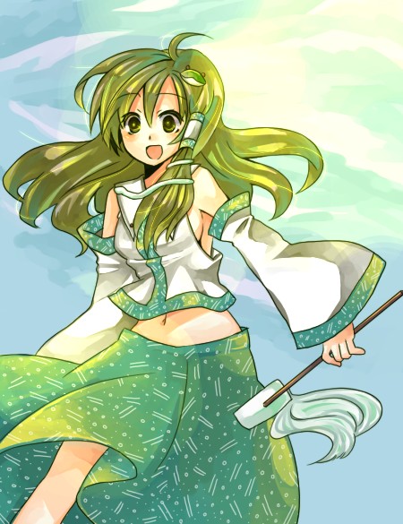 yutsuka, yutsuka (amyucca), kochiya sanae, touhou, 1girl, breasts, female focus, green eyes, green hair, happy, japanese clothes, matching hair/eyes, midriff, miko, navel, open mouth, sideboob, smile, solo, tareme