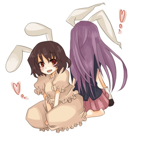 yutsuka, yutsuka (amyucca), inaba tewi, reisen udongein inaba, touhou, lowres, 2girls, animal ears, back-to-back, black hair, brown eyes, female focus, multiple girls, rabbit ears