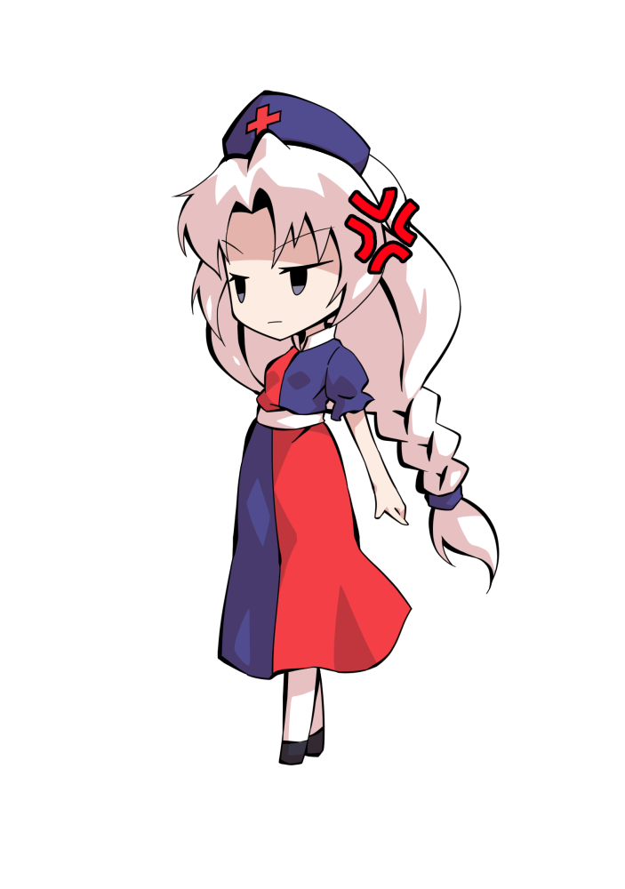 dairi, yagokoro eirin, touhou, commentary request, large variant set, variant set, 1girl, blue dress, blue hat, braid, chibi, chibi only, dress, full body, hat, long hair, nurse cap, pantyhose, puffy sleeves, red dress, solo, standing, tachi-e, transparent background, two-tone dress, white hair, white pantyhose
