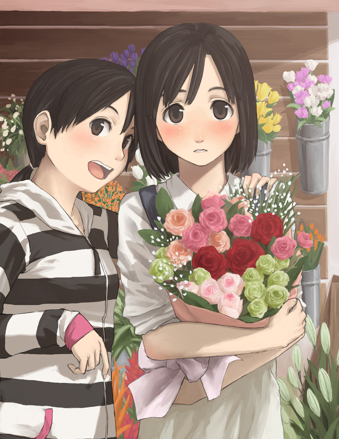 tamaru tokihiko, original, striped, 2girls, black hair, blush, bouquet, brown eyes, brown hair, flower, looking at viewer, multiple girls, parted lips, ponytail, short hair