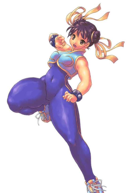 chun-li, capcom, street fighter, breasts, brown hair, double bun, hair bun, hip focus, skin tight, small breasts, spikes, thick thighs, thighs, wide hips