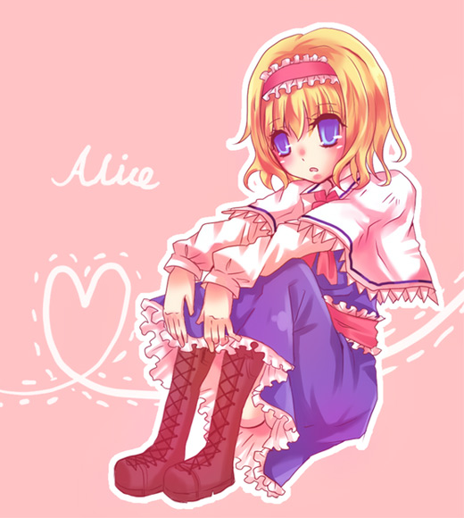 kirero, alice margatroid, touhou, 1girl, blonde hair, blue eyes, boots, character name, female focus, hairband, heart, heart of string, short hair, solo