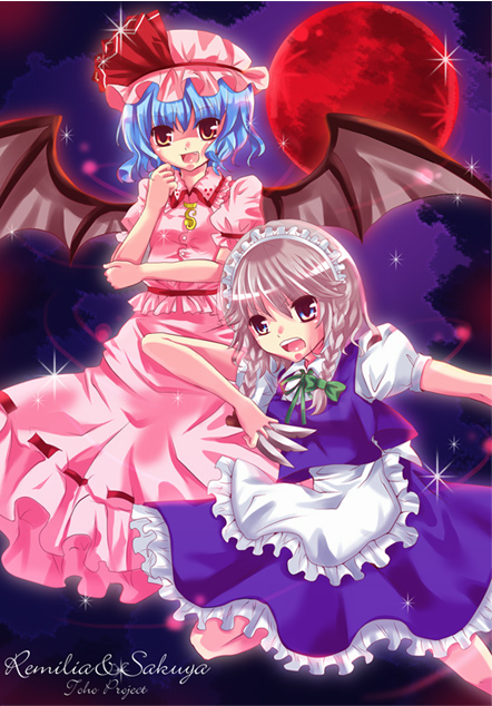 kirero, izayoi sakuya, remilia scarlet, touhou, silver hair, 2girls, bat wings, between fingers, blue hair, braid, hat, holding, knife, moon, multiple girls, red moon, wings