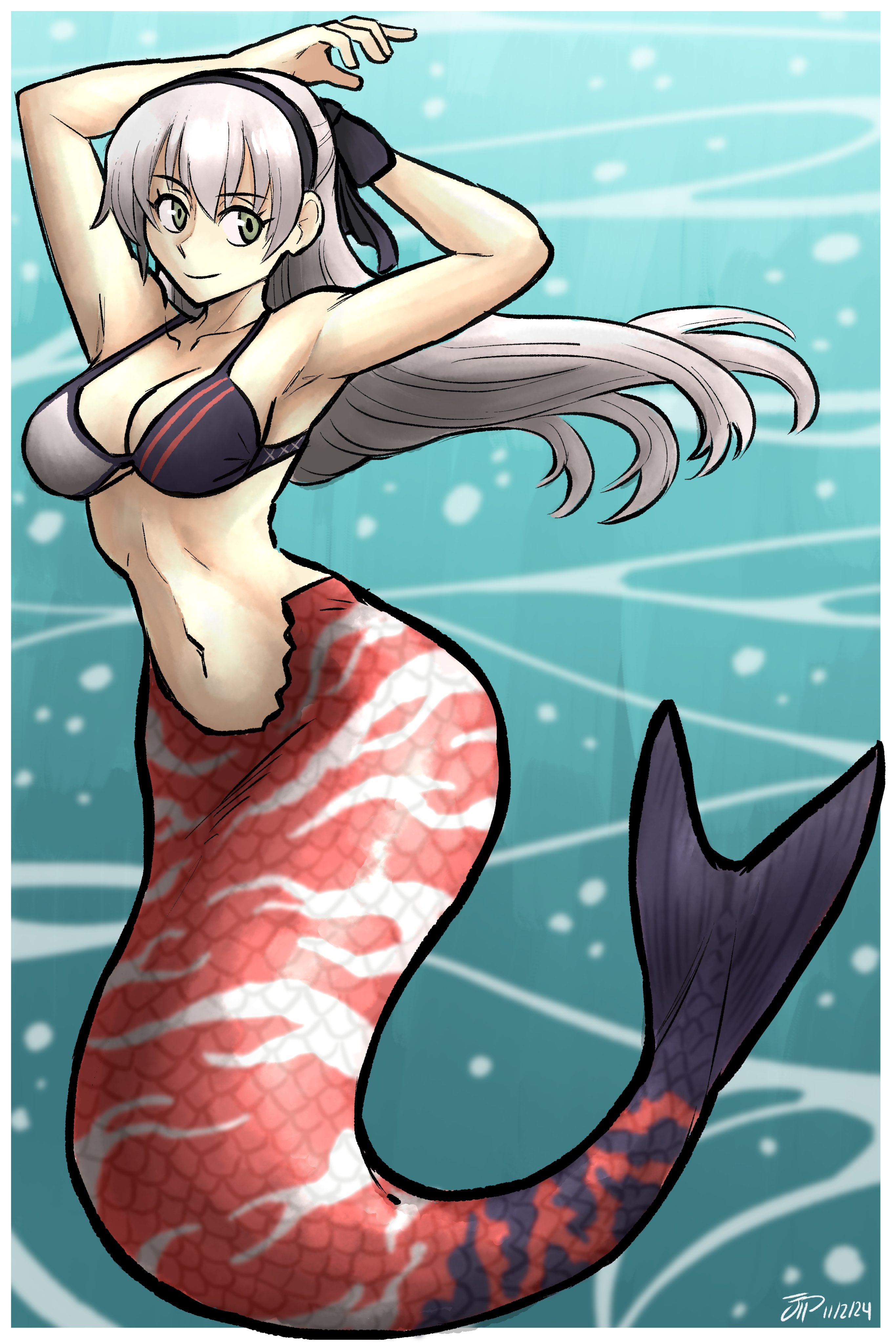 videajames, elie macdowell, ao no kiseki, eiyuu densetsu, zero no kiseki, absurdres, commentary, commission, english commentary, highres, 1girl, black bow, border, bow, breasts, cleavage, dated, double-parted bangs, fins, floating hair, green eyes, hair between eyes, hair bow, hair ornament, long hair, looking at viewer, mermaid, monster girl, navel, signature, smile, solo, stomach, swimsuit, underwater, white border, white hair
