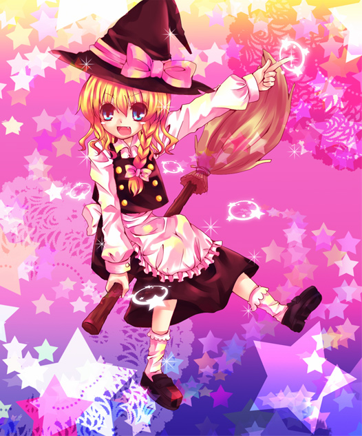 kirero, kirisame marisa, touhou, 1girl, blonde hair, blue eyes, braid, broom, broom riding, fang, female focus, hat, sidesaddle, solo, star (symbol), witch, witch hat