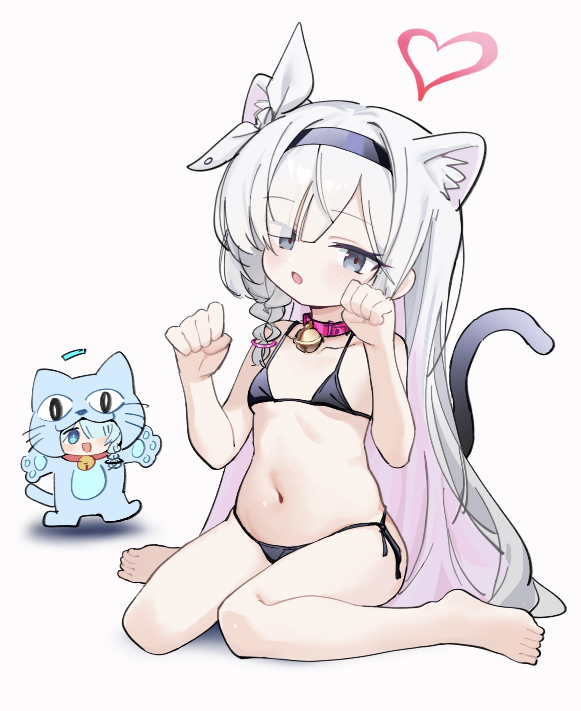meng yin, arona (blue archive), plana (blue archive), blue archive, absurdres, highres, 2girls, animal ears, bell, bikini, black bikini, cat ears, cat tail, hairband, halo, long hair, multicolored hair, multiple girls, navel, neck bell, paw pose, pink hair, swimsuit, tail