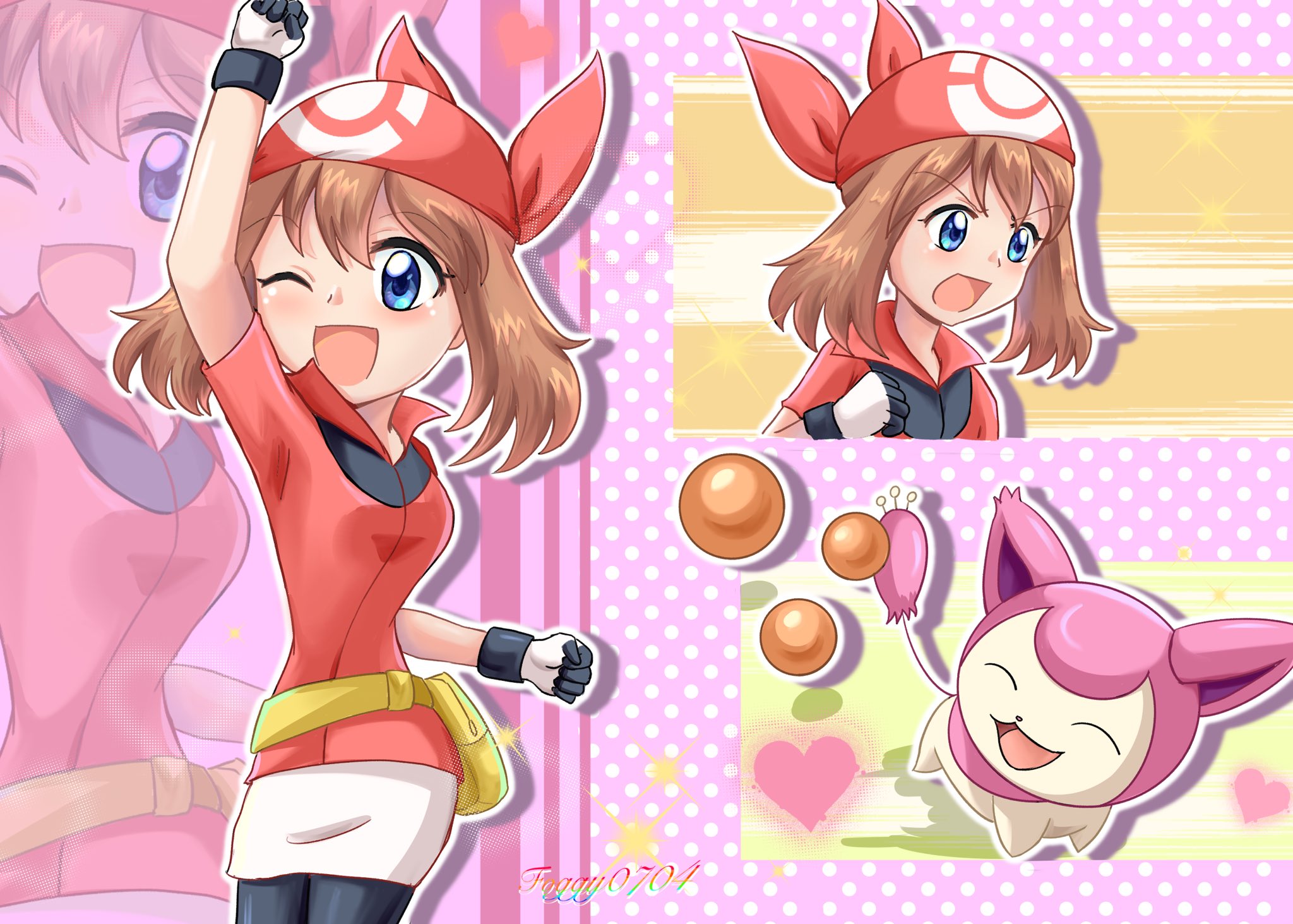 may (pokemon), skitty, nintendo, pokemon, pokemon (anime), pokemon rse, pokemon rse (anime), highres, bandana, bike shorts, bike shorts under shorts, blue eyes, brown hair, fanny pack, gen 3 pokemon, one eye closed, open mouth, pokemon (creature), red bandana, red shirt, shirt, shorts