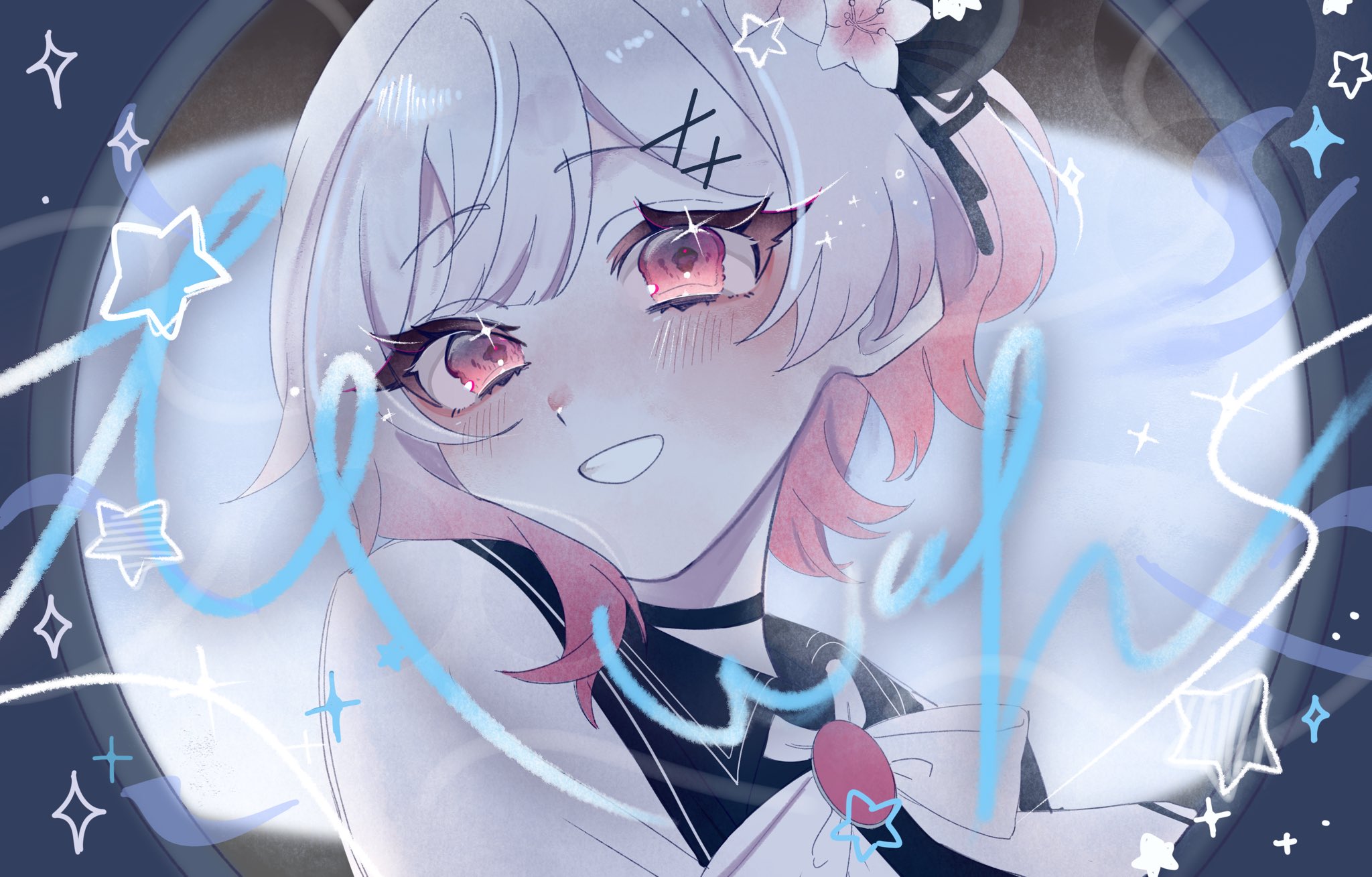 sakuraba ema, mahou shoujo no majo saiban, monitoring (vocaloid), commentary request, derivative work, highres, 1girl, beret, black hat, flower, gradient hair, grin, hair ornament, hat, looking at viewer, magical girl, mitobari, multicolored hair, parody, pink eyes, pink hair, pov peephole, short hair, smile, solo, sparkle, star (symbol), upper body, white flower, white hair, x hair ornament