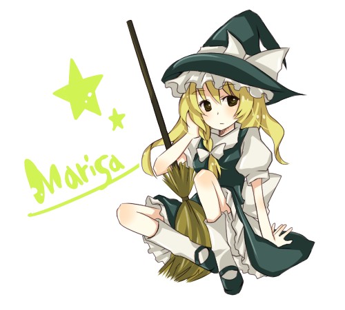 yutsuka, yutsuka (amyucca), kirisame marisa, touhou, lowres, 1girl, blonde hair, braid, broom, brown eyes, female focus, hair ribbon, hat, ribbon, solo, witch, witch hat