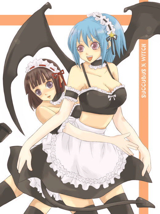 cord-yoshikazu, kurono kurumu, sendou yukari, rosario+vampire, 00s, 2girls, bat wings, blue hair, blush, breasts, brown hair, cleavage, demon, demon girl, demon tail, elbow gloves, gloves, large breasts, maid, midriff, multiple girls, purple eyes, ribbon, short hair, skirt, tail, thighhighs, wings, zettai ryouiki