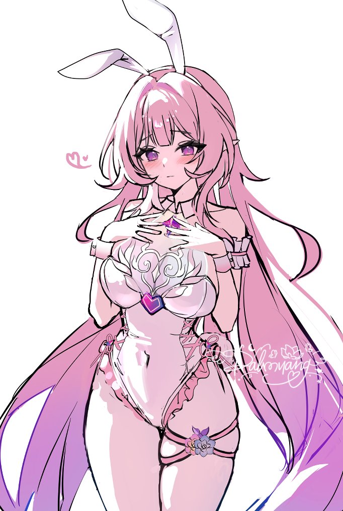 dalmyang, cyrene (honkai: star rail), cyrene (ripples of past reverie) (honkai: star rail), honkai: star rail, honkai (series), commentary, symbol-only commentary, 1girl, alternate costume, bare shoulders, blush, breasts, covered navel, diamond-shaped pupils, diamond (shape), hand on own chest, heart, large breasts, leotard, long hair, looking at viewer, multicolored hair, pink hair, playboy bunny, pointy ears, purple eyes, simple background, solo, symbol-shaped pupils, thigh strap, thighs, two-tone hair, very long hair, white background, white hair, white leotard, wrist cuffs