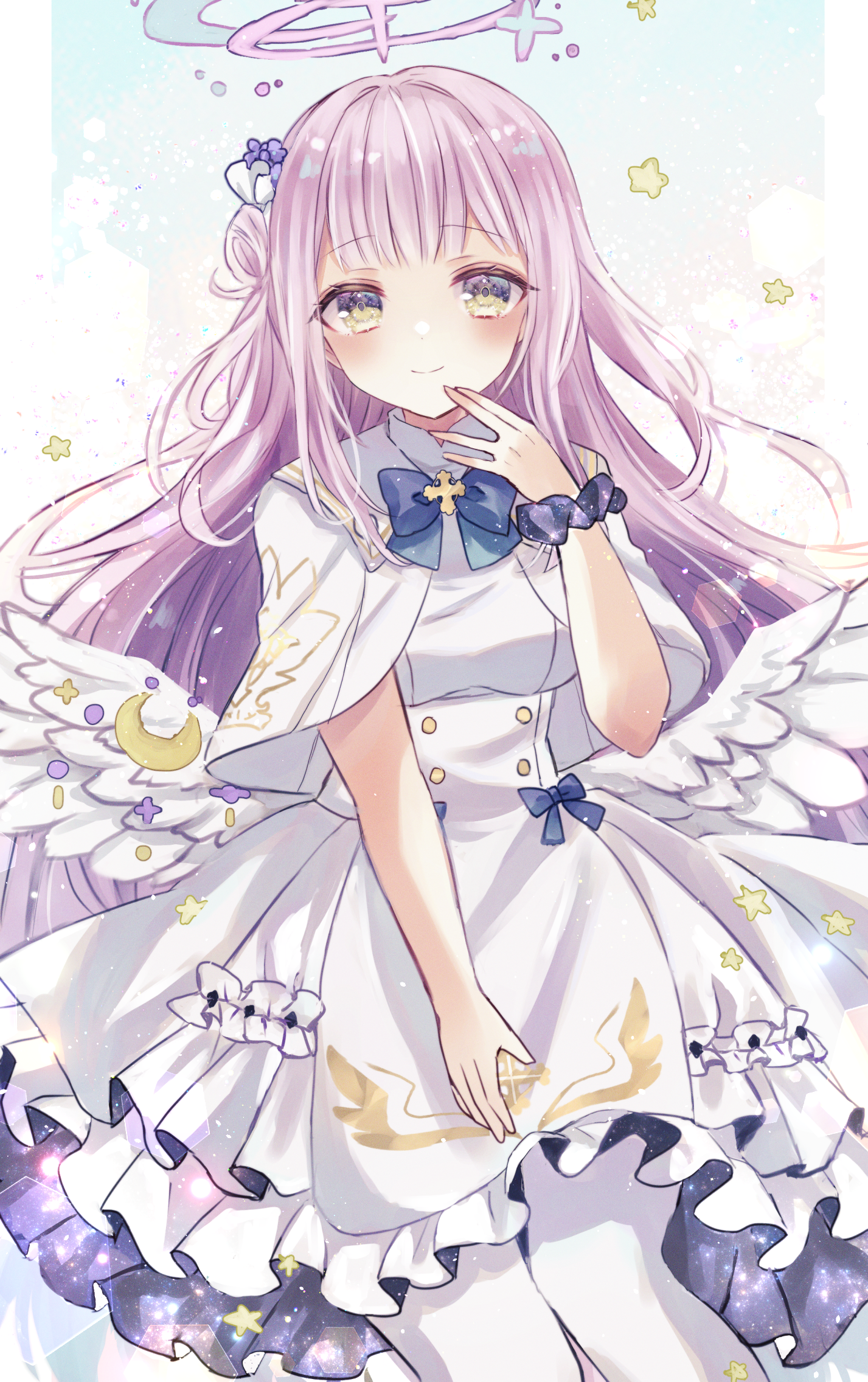 mika (blue archive), blue archive, highres, 1girl, angel wings, blue bow, blush, bow, breasts, capelet, closed mouth, dress, feathered wings, flower, gold trim, hair flower, hair ornament, halo, harusame8633, long hair, looking at viewer, low wings, medium breasts, pantyhose, pink hair, pink halo, purple eyes, scrunchie, smile, solo, very long hair, white capelet, white dress, white overskirt, white pantyhose, white wings, wings, wrist scrunchie