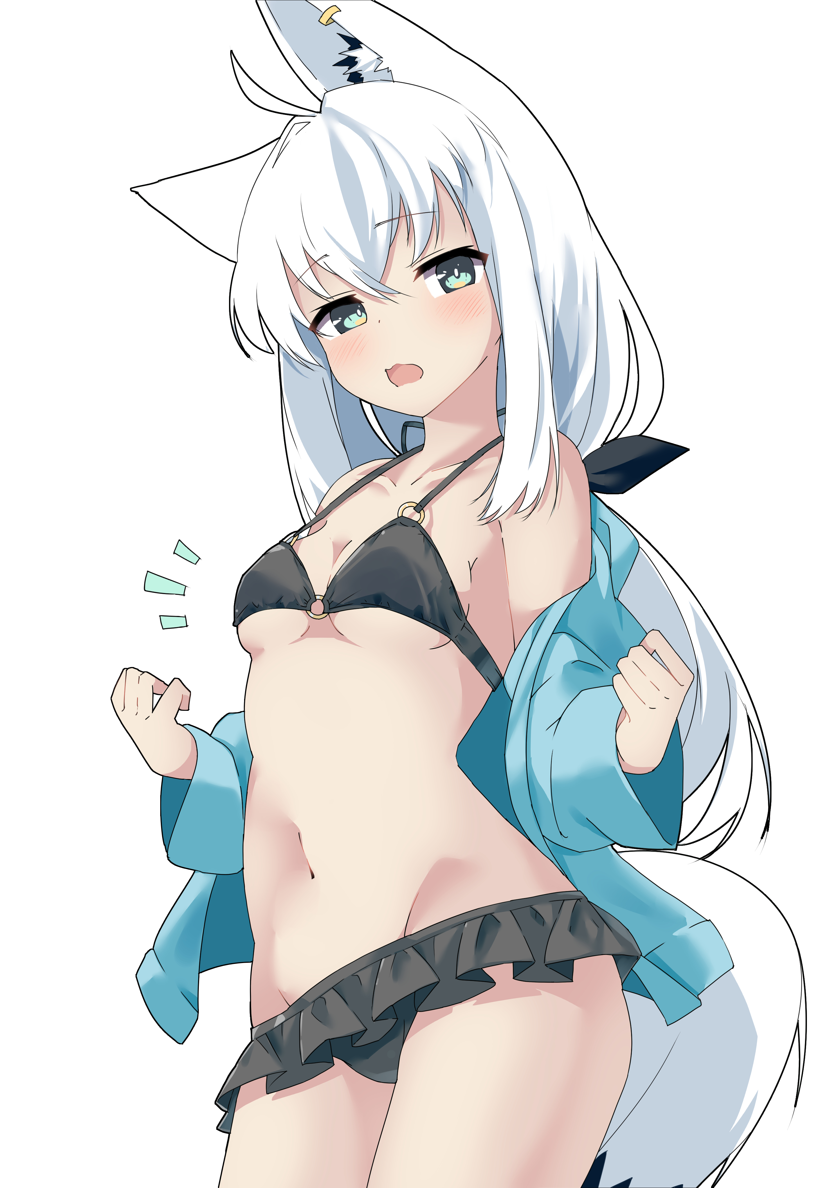 shirayuki (snow link), shirakami fubuki, hololive, absurdres, highres, 1girl, ahoge, animal ears, bikini, black bikini, breasts, fox ears, fox girl, fox tail, long hair, looking at viewer, navel, open mouth, simple background, solo, swimsuit, tail, white background, white hair
