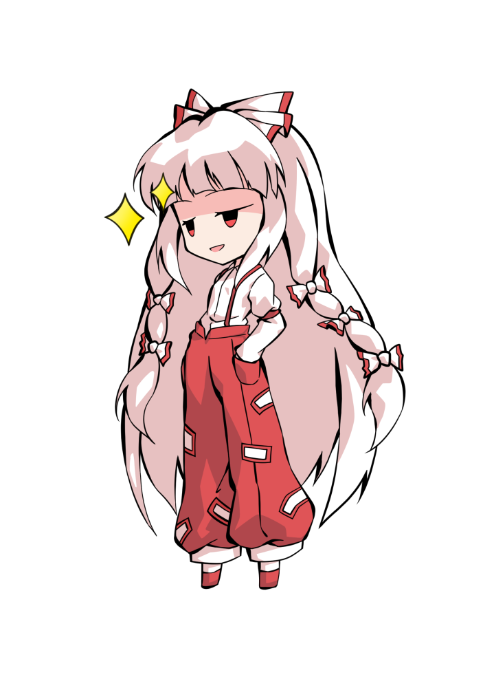 dairi, fujiwara no mokou, touhou, commentary request, large variant set, variant set, 1girl, chibi, chibi only, collared shirt, full body, hands in pockets, long hair, long sleeves, pants, red pants, red shoes, shirt, shoes, sidelocks, socks, solo, suspender pants, tachi-e, transparent background, very long hair, white hair, white shirt, white socks