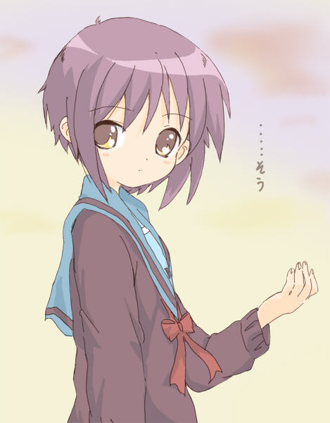 core (mayomayo), nagato yuki, suzumiya haruhi no yuuutsu, bad id, bad pixiv id, translated, 00s, 1girl, cardigan, female focus, purple hair, school uniform, serafuku, solo, sunset, yellow eyes