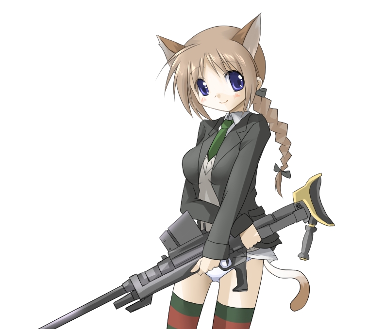 yoshizawa hikoto, lynette bishop, strike witches, world witches series, bad id, bad pixiv id, 00s, 1girl, animal ears, anti-materiel rifle, blonde hair, braid, cat ears, cat tail, female focus, gun, holding, holding weapon, long sleeves, looking at viewer, panties, rifle, single braid, sniper rifle, solo, tail, tareme, thighhighs, underwear, weapon, white panties