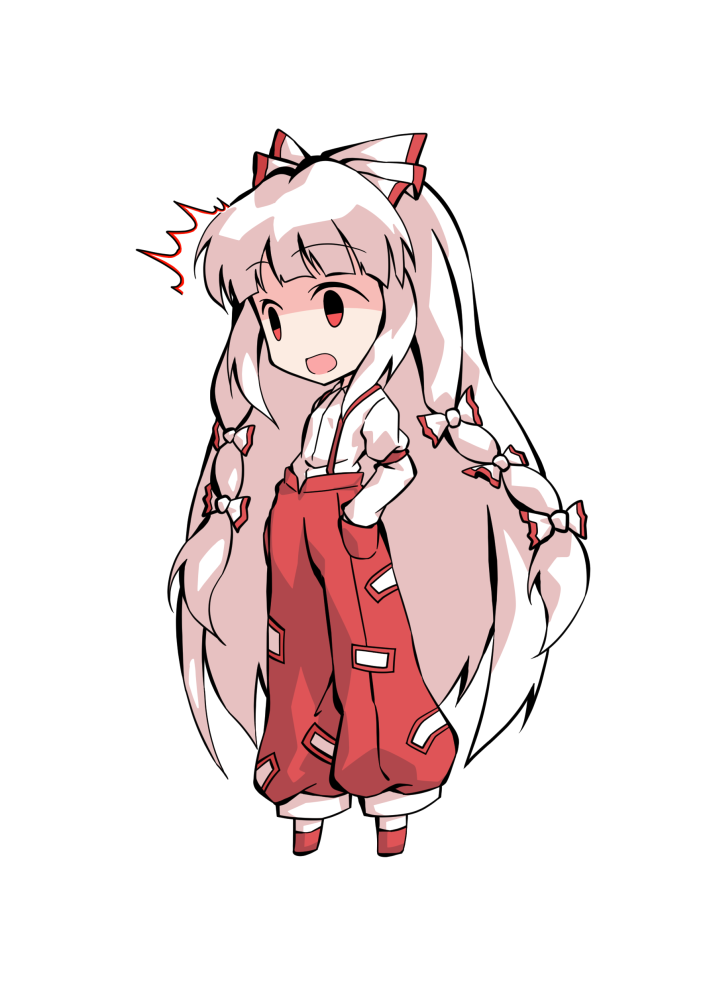 dairi, fujiwara no mokou, touhou, commentary request, large variant set, variant set, 1girl, chibi, chibi only, collared shirt, full body, hands in pockets, long hair, long sleeves, pants, red pants, red shoes, shirt, shoes, sidelocks, socks, solo, suspender pants, tachi-e, transparent background, very long hair, white hair, white shirt, white socks