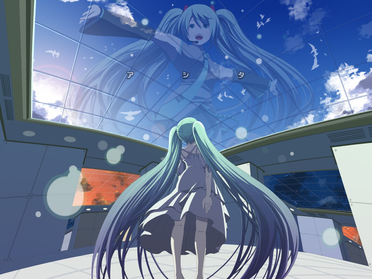 tsukumo (soar99), hatsune miku, vocaloid, cloud, glass, long hair, looking up, outstretched arms, sky, solo, spread arms, sun, sunset, twintails, very long hair